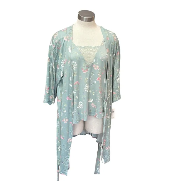 NWT Flora Nikrooz Anthropologie Women's Robe & Cami Sage Green Floral Sz. L - Picture 6 of 16